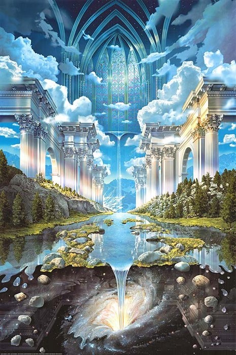 天穹聖河：雲拱高懸於晶穹之下，聖柱列岸，天光傾瀉成瀑，靜水映林與遠山，深渊中旋渦微啟，宛若秘境與星門同時甦醒。