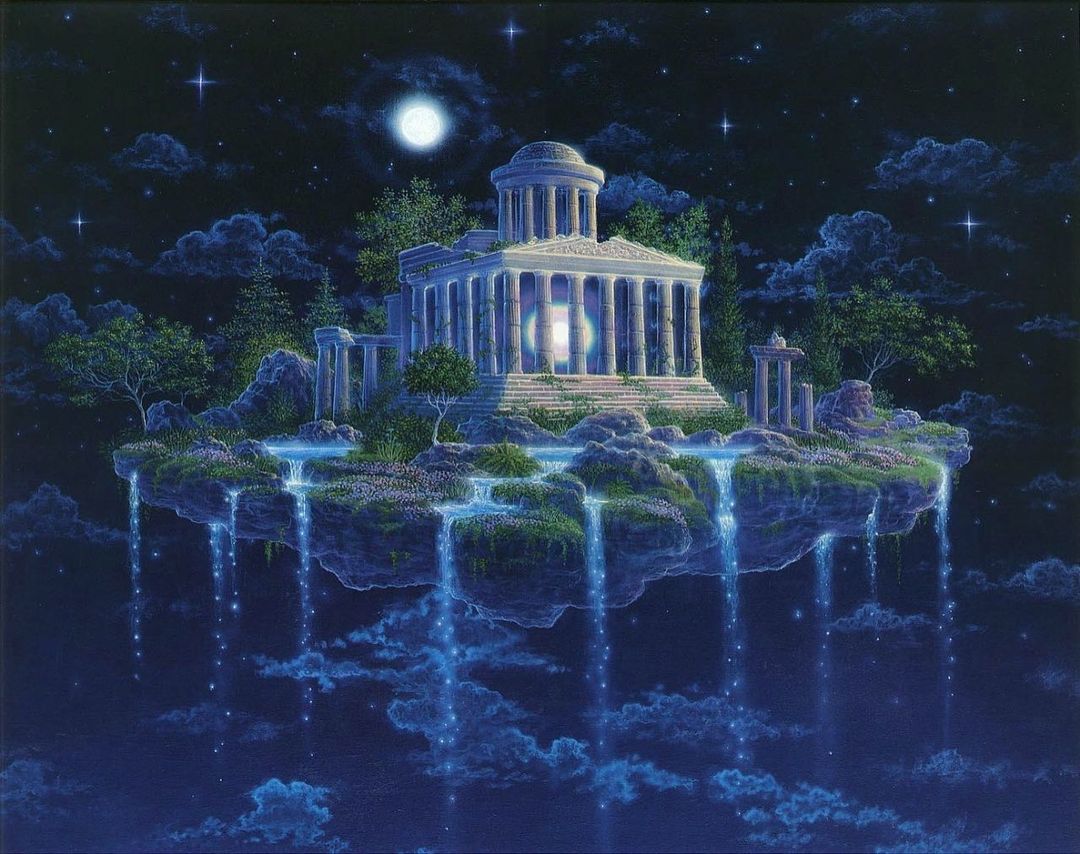 月下浮岛神殿：星穹深蓝之上，孤岛悬空如梦，殿宇微曜，瀑光垂落云海，月轮高悬，四野静寂而灵息缓缓流转。