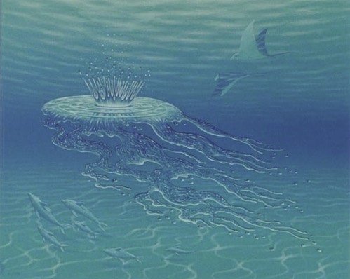 深海幻冠：幽藍水境中，一頂光冠懸浮如夢，細縷垂散成流影，鰭形暗芒自遠處掠過，波紋層疊，靜寂而深邃。