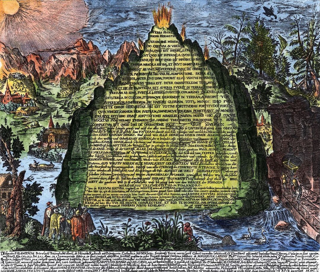 火山圣碑图：巨碑立于群山环抱与奔流之中，顶端烈焰腾起，左右林影与远岬相对，古字密布其面，苍穹、海岸与人影同被暮色缠绕。