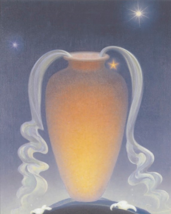 星夜聖盃：幽藍天幕下，巨盞懸浮於微光之巔，雙股霧帶自耳垂蜿蜒而下，星芒稀落，金焰緩然自腹心深處泛起。