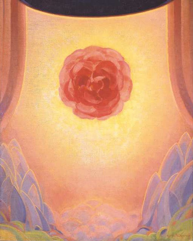 暮光花印：金暈如幕緩緩舒展，赤花懸於中央微燄微息，兩側青紫峰影靜守，整幅空氣彷彿被柔光與夢霧緩慢浸透。