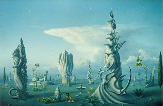 神话的起源：苍蓝原野浮立螺旋石柱与合掌巨手，云翳悬空，细芽与异形雕影散布其间，寂然若星海深处初醒之仪式。