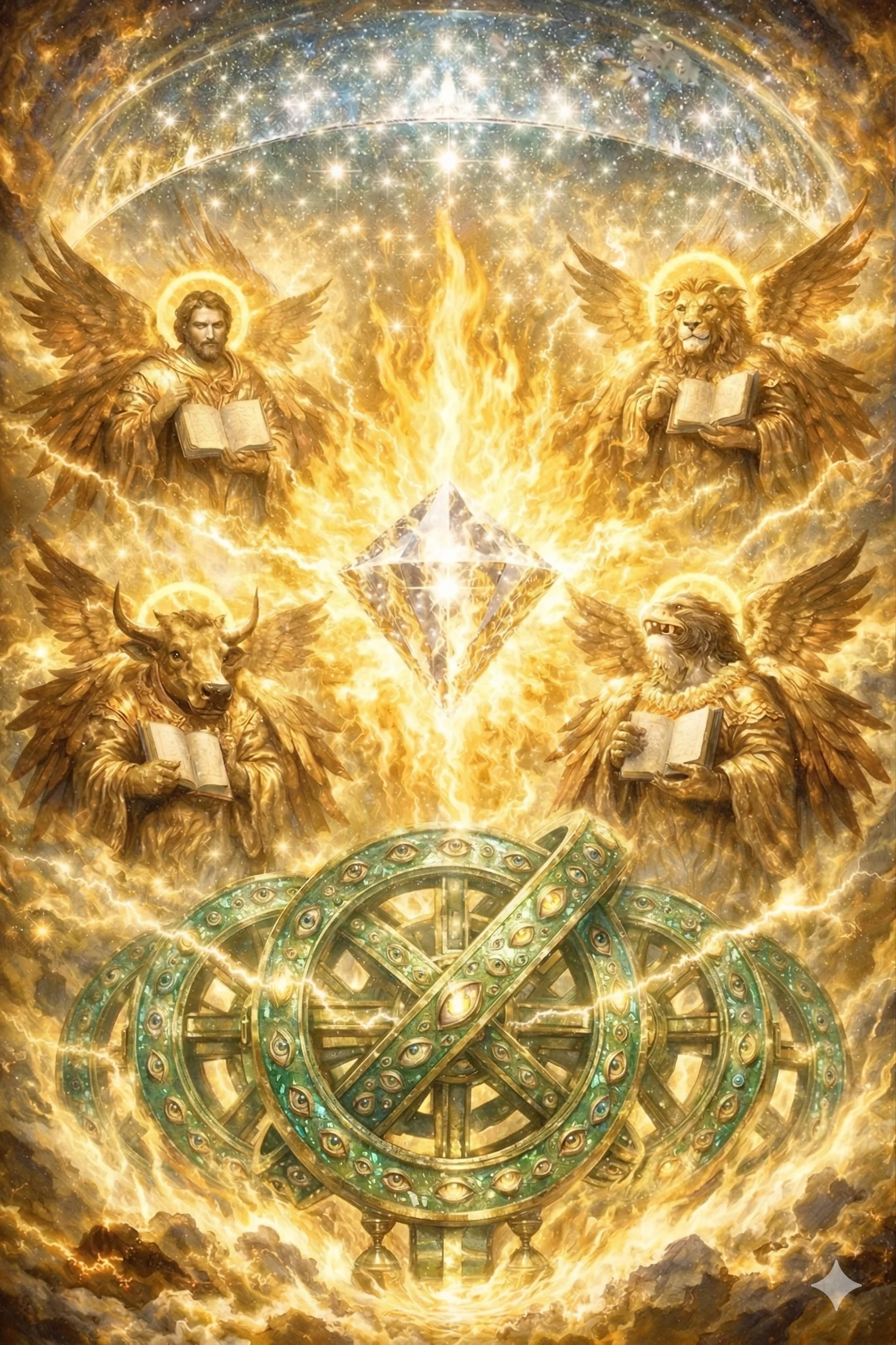 天火圣轮：金焰自穹顶倾泻而下，四翼守誓者环立星核，翠环交缠如秘仪齿轮，万点星芒沉浮其间，宛若终末晨曦之门徐徐开启。