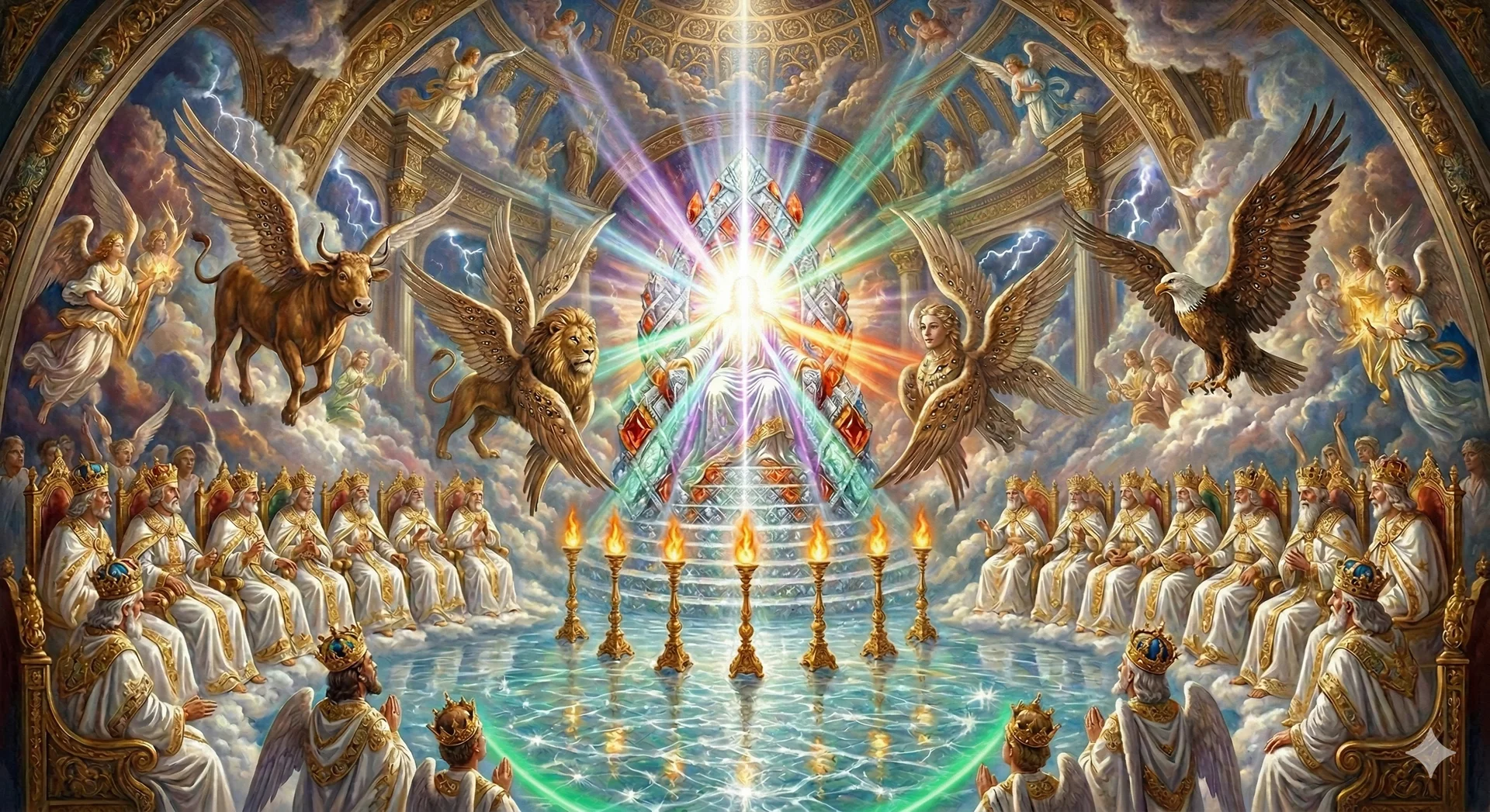 天啟聖殿：金穹之下，虹輝自中央迸發，翼獸環立，白袍群影拱照水鏡階前，火炬列燃，雲霧與星芒交織成莊嚴異境。