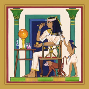 埃及贵族女子与猴宠：金轮垂映于靛蓝发幕之上，白衣静坐于柱间深处，灵兽与侍影环绕左右，橙光、绿影、赭线彼此牵引，宛如古仪在无声中徐徐展开。